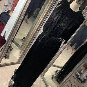 Black fringed evening dress, with rhinestone detail at waste